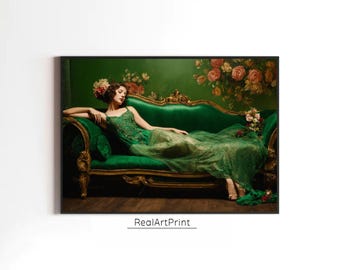 Emerald Green Vintage Woman Portrait Art Print: Classic Wall Decor (Digital Download)