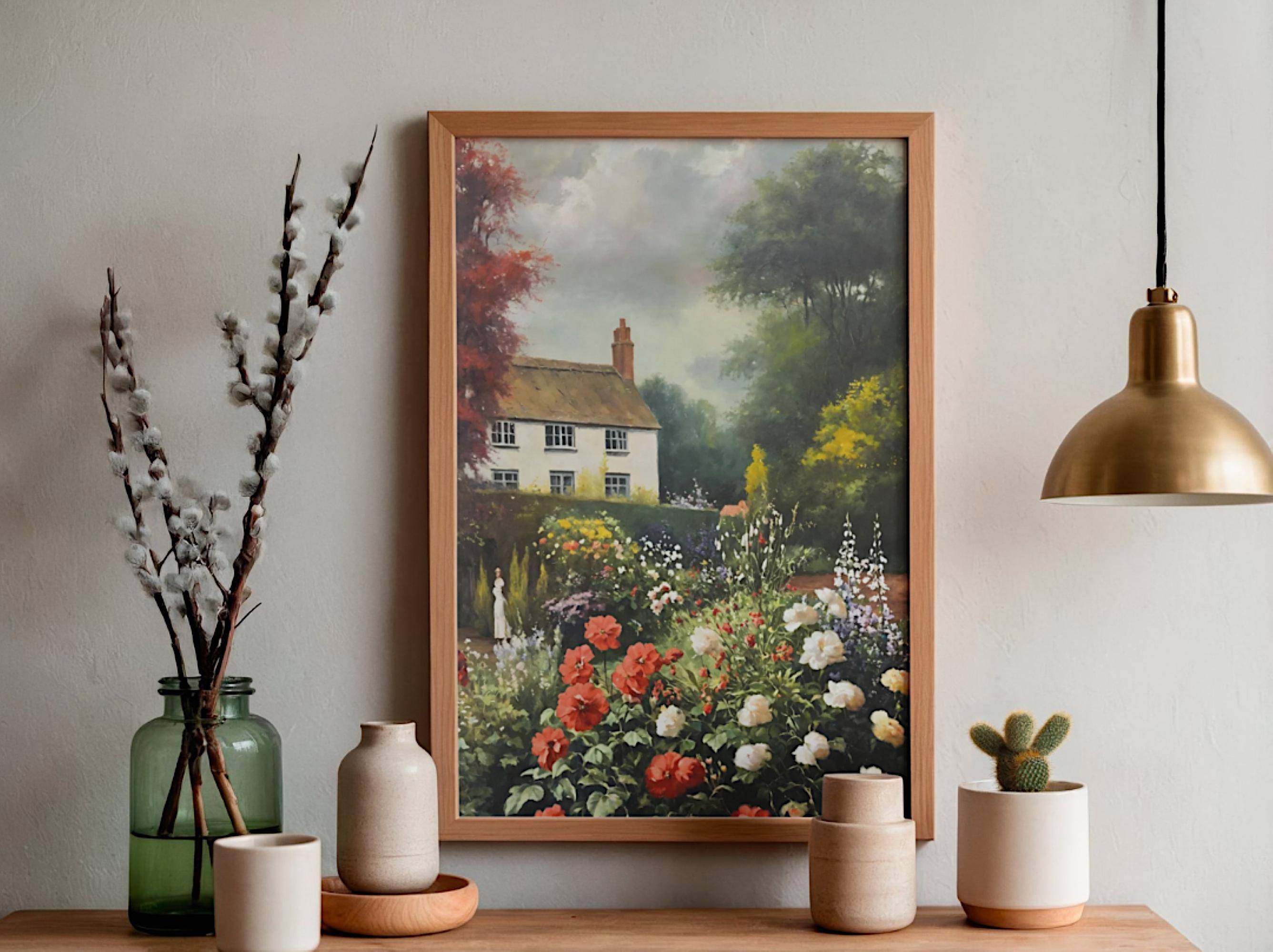 English Cottage Garden Art Print: Vintage Floral Landscape Wall Decor ...