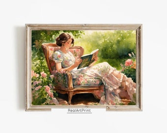 French Country Garden Vintage Lady Reading Chair Printable Wall Art | RealArtPrint Digital Download