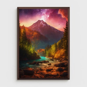 Montaña bajo el cielo estrellado, Bosque sereno, Paisaje del río, Arte digital, Descarga digital, Paleta de la naturaleza, RealArtPrint