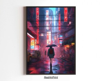 Anime Art Cyberpunk Cityscape | Digital Wall Art Print | Urban Elegance | RealArtPrint