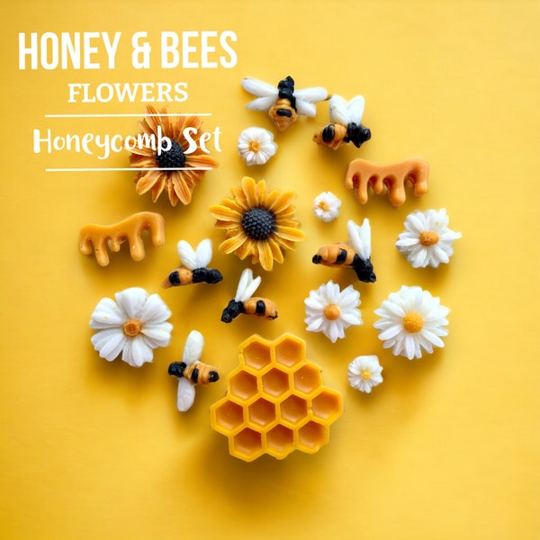 Conjunto de incrustaciones de miel, abejas y cera de flores, incrustaciones de cera realistas, miel realista, cera de abejas realista, flores realistas, coberturas de velas