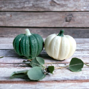 May include: Two small decorative pumpkins, one green and one white, on a rustic wooden surface with green leaves.