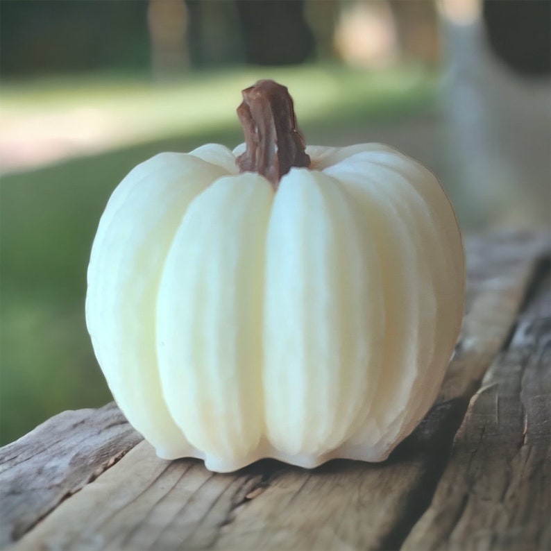 May include: A white, ceramic pumpkin with a brown stem. The pumpkin is sitting on a wooden surface.