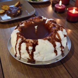 May include: A unique candle resembling a mashed potato dish, with a dark brown wax center and drizzled with a chocolate-like wax. The candle sits on a small, round, silver plate. Red candles are lit in the background.