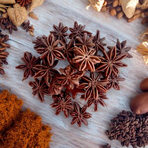 Pode incluir: Vista aérea de especiarias de anis estrelado, com uma pilha de vagens em forma de estrela no centro. As especiarias marrons são cercadas por outras especiarias e sementes em uma superfície de madeira clara.