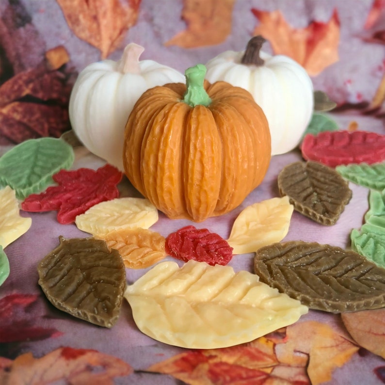 May include: A set of fall-themed decorations featuring a small orange pumpkin and several colorful leaves. The leaves are made of a soft, pliable material and come in shades of green, red, and yellow.