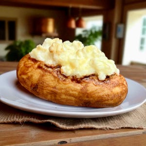 May include: A baked potato, its golden-brown skin filled with a mound of creamy mashed potato. The dish is presented on a white plate, resting on a wooden table with a hessian placemat.