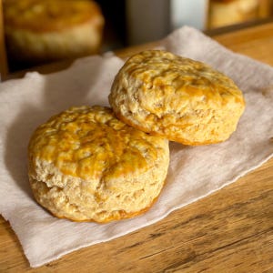 May include: Two golden brown biscuits stacked on top of each other on a white linen napkin. The biscuits have a slightly crispy texture and a flaky interior.