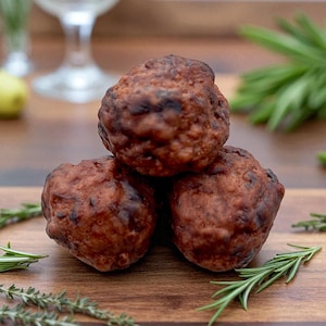 May include: Three cooked meatballs stacked on a wooden cutting board. The meatballs are a deep brown color with a slightly charred appearance. Fresh rosemary and thyme sprigs are scattered around the meatballs, with a glass and lemon in the background.