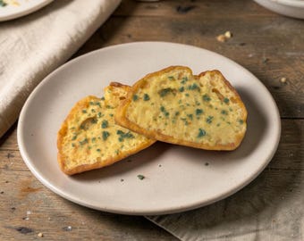 May include: Two slices of toasted bread topped with melted yellow cheese and small flecks of green herbs, served on a round, off-white ceramic plate. The bread has a golden-brown crust and a porous, airy texture visible on the toasted surface.