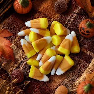 Pode incluir: Um monte de doces triangulares em forma de milho, cada um com uma ponta branca, um centro laranja e uma base amarela. Os doces estão dispostos em grupo, rodeados por pequenas abóboras decorativas e elementos de tecido outonal.