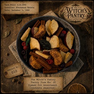 May include: A dark bowl filled with a simmer pot assortment containing dried apple slices, cinnamon sticks, dried orange segments, and small red berries. The image includes text labels reading Case File: A.B.1842, The Witch's Pantry, and Exhibit No. 018.