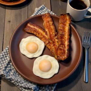 May include: A brown plate with two fried eggs and three rashers of bacon. A cup of coffee and a fork are on the wooden table. A checkered napkin is under the plate.