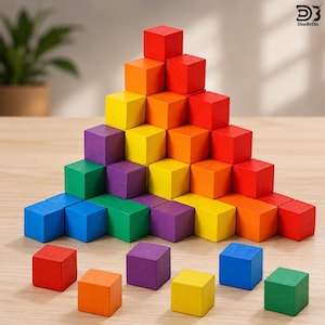 May include: A pyramid structure built from small, solid wooden cubes in a spectrum of colors including red, orange, yellow, green, blue, and purple. Several loose cubes in the same colors are arranged in a row in front of the pyramid base.