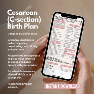 May include: A smartphone screen displaying a digital Cesarean (C-section) Birth Plan document with interactive checkboxes, pink headers, and sections for birth preferences, medical decisions, and postpartum care, featuring text and small illustrations.