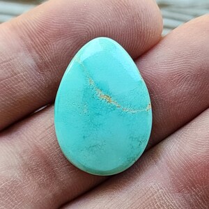 May include: A polished, turquoise gemstone in an egg shape. The stone features a network of fine, darker veins and a golden-brown streak. The gemstone is held in a hand, highlighting its vibrant colour and texture. A natural stone for jewellery.