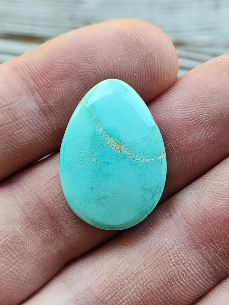 May include: A polished, turquoise gemstone in an egg shape. The stone features a network of fine, darker veins and a golden-brown streak. The gemstone is held in a hand, highlighting its vibrant colour and texture. A natural stone for jewellery.