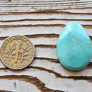May include: A polished, teardrop-shaped turquoise gemstone with natural veining, next to a United States one dime coin. The coin is approximately 1.8 cm in diameter. The gemstone is a vibrant blue-green colour.