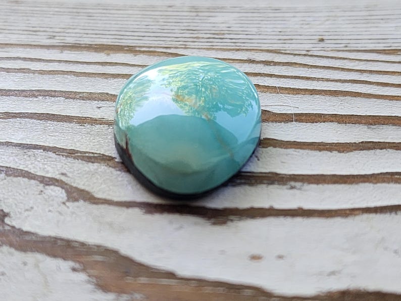 May include: A smooth, oval-shaped, turquoise-coloured stone with a glossy finish. The stone reflects the surrounding environment, showing hints of green and brown. The stone is set against a weathered, light-coloured wooden surface.