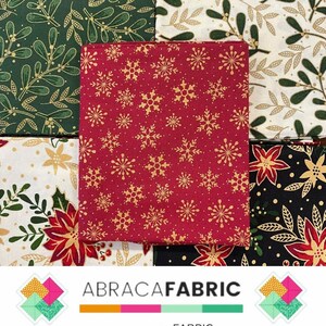 May include: A collection of Christmas-themed fabric squares. The fabrics feature festive patterns like snowflakes, poinsettias, and foliage in red, green, and gold. The brand name "ABRACAFABRIC" is displayed at the bottom.