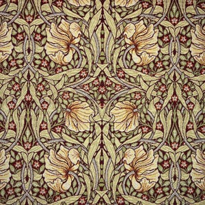 May include: A close-up of a repeating floral pattern. The design features large yellow flowers, green leaves, and small red flowers on a dark burgundy background. The pattern is symmetrical and detailed.