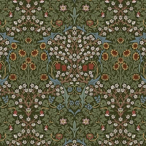 May include: A detailed floral pattern in shades of green, brown, and blue. The design features stylized flowers, leaves, and vines, creating a symmetrical and ornate composition. The overall aesthetic is reminiscent of vintage wallpaper or textile designs.