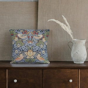 Strawberry Thief William Morris Tapestry Cushion Cover. NAVY