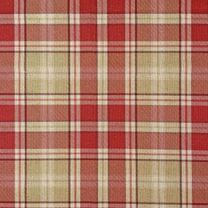 May include: A close-up of a plaid fabric with a repeating pattern of red, tan, and white lines. The lines intersect to create a grid-like design. The fabric has a slightly textured appearance.