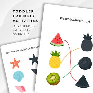 Puede incluir: Dos hojas de actividades educativas para niños pequeños. Una presenta tesoros marinos, la otra emparejamientos de frutas. El texto dice "ACTIVIDADES PARA NIÑOS PEQUEÑOS, FORMAS GRANDES, FÁCIL PARA EDADES 2-4" y "FRUIT SUMMER FUN". La hoja marina tiene una estrella de mar, una concha y un caracol.