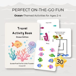 Puede incluir: Un libro de actividades de viaje titulado Ocean Edition con una portada que muestra un pez amarillo, una medusa morada y coral. Incluye tarjetas de actividades con un laberinto de tortugas, juegos de emparejar peces y una estrella amarilla con el 30.