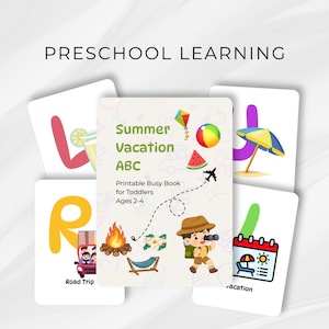 Puede incluir: Un libro de actividades de aprendizaje preescolar titulado "Summer Vacation ABC". La imagen muestra ilustraciones coloridas con temática de verano y letras. El texto dice "Printable Busy Book for Toddlers Ages 2-4".