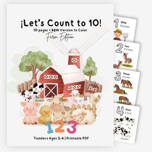 Puede incluir: Un libro de actividades educativo en PDF imprimible titulado Let's Count to 10! Farm Edition para niños de 2 a 4 años. La portada muestra un granero rojo, un molino de viento y varios animales de granja como cerdo, pollito, vaca y oveja.