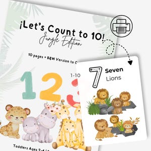 Puede incluir: Una hoja de actividades educativas imprimible titulada Let's Count to 10! Jungle Edition con ilustraciones coloridas de un leopardo, hipopótamos y jirafas. Una tarjeta más pequeña muestra el número 7 con siete leones y el texto Seven Lions.