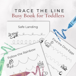 Puede incluir: Un libro de actividades para niños pequeños con el texto "Trace the Line". El libro presenta páginas con ilustraciones de un avión, un dinosaurio, un unicornio y un castillo, con líneas punteadas para trazar. También se ven crayones de varios colores.