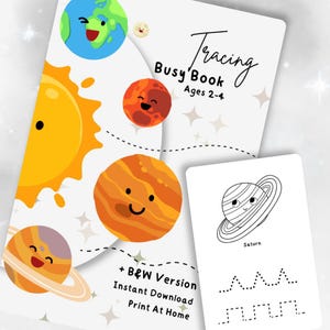 Könnte beinhalten: Ein Nachmal-Übungsbuch für 2-4 Jährige mit bunten Cartoon-Planeten wie Erde, Mars und Jupiter. Das Cover zeigt den Titel und den Text + B&W Version Instant Download Print At Home. Eine separate weiße Karte zeigt eine Strichzeichnung von Saturn.