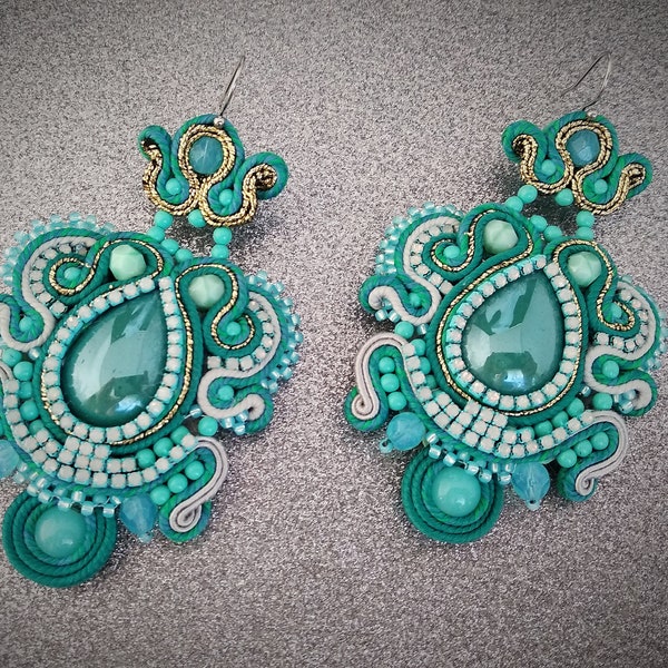 Big turquosie earring chandeliers Earrings soutache embroidery Cequins earrings with glass beads