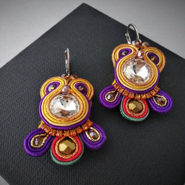 Soutache dangle earrings Colorful for women and girl Shiny earrings glass beads