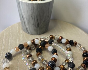 SB-13*  (4 stack)  Handmade beaded bracelet- Unisex-w/bronze/ black (cut glass)/Lava Rock/ no charm