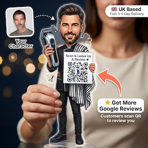 May include: A cartoon figure of a barber holding a hair clipper and a sign that says "Scan & Leave Us A Review". The figure is wearing a black uniform and holding a white and black striped towel. A QR code is on the sign.