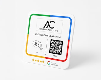 May include: A white square sign with a colourful border. The sign has a logo with the letters "AC" and the text "YOUR BUSINESS LOGO". The sign also has the text "PLEASE LEAVE US A REVIEW" and instructions to "TAP" or "SCAN" a QR code. The sign has a five-star rating and a Google review link.