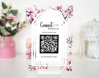 Conéctese con nosotros QR Code Sign / Salon Beauty Peluqueros Esteticista floral Sign / QR Business Social Media, Síganos social Sign