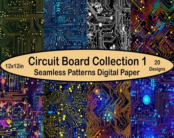 May include: A digital paper pack with 20 seamless patterns of circuit boards in various colors, including green, blue, black, orange, and yellow. The patterns are 12x12 inches.