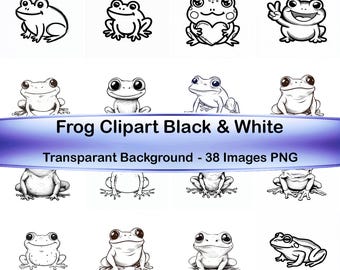 38 Frog Clipart PNG Bundle | Black & White Doodle Frogs | Hand-Drawn Frog Illustrations | Transparent Background