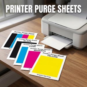 May include: A white inkjet printer with a blank sheet of paper in the tray and four printer purge sheets on a wooden surface. The sheets feature blocks of black, cyan, magenta, and yellow ink, with text labels including Printer Purge Sheet.
