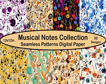 May include: A collection of 30 digital paper designs featuring musical notes in various colors and styles. The designs are seamless and measure 12x12 inches.