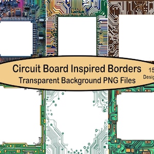 May include: A set of 15 digital circuit board inspired borders with transparent backgrounds. The borders are in various colors, including green, blue, red, and brown. The borders are designed to look like a circuit board with lines and dots.