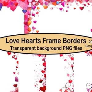 May include: 20 designs of heart-shaped frame borders with a transparent background. The borders are made up of pink, red, and white hearts with a few blue hearts. The text "Love Hearts Frame Borders 20 Designs" is in the centre of the image.