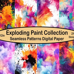 May include: A collection of 21 digital paper designs featuring seamless patterns of exploding paint in various colors, including pink, purple, blue, yellow, orange, and green. The designs are 12x12 inches.