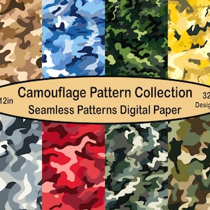 Puede incluir: Una colección de 32 patrones de camuflaje sin costuras en varios esquemas de color, incluyendo marrón, azul, verde y rojo. Los patrones se muestran en un papel digital de 30,48 x 30,48 cm.